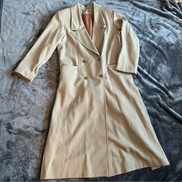 Vintage SHIFF light khaki green long pleated back 100% virgin wool trench coat - Picture 8 of 12